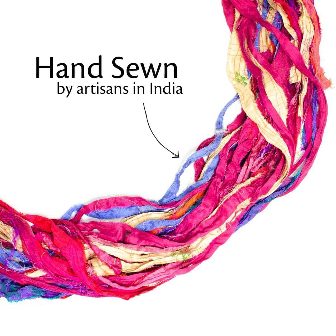 A poster of Hand Sewn by artisans in India.
