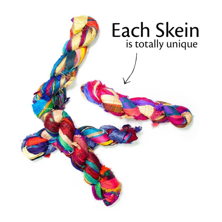 Bahamas multi-colored sari silk ribbon yarn with the text "Each skein is totally unique."