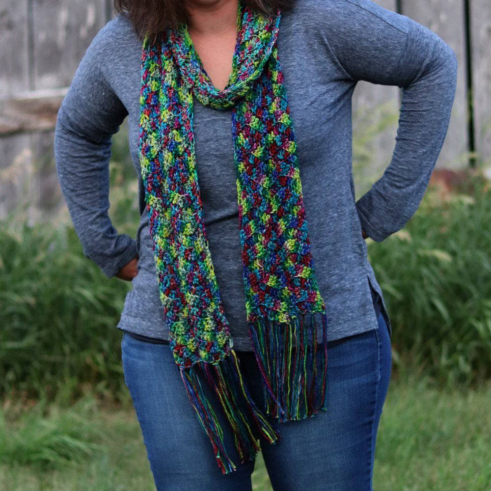 woman wearing a Headlands Crochet Scarf outdoors