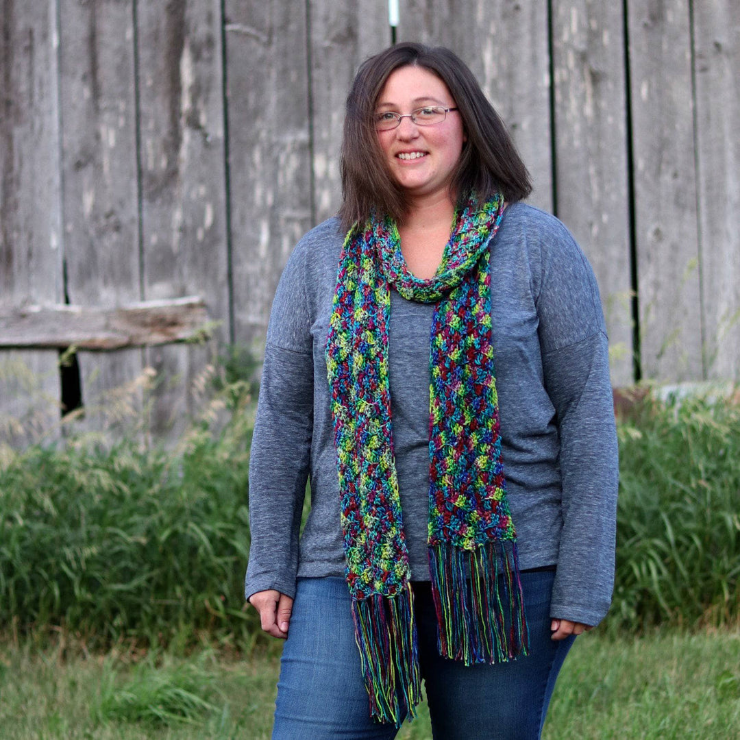 woman wearing a Headlands Crochet Scarf outdoors