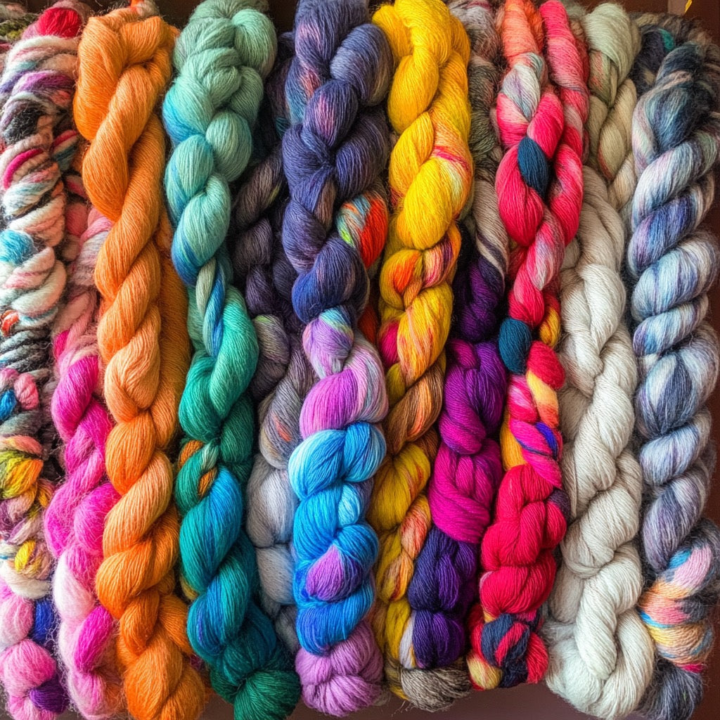 Assortment of brightly colored yarn skeins in shades of orange, blue, purple, and more.