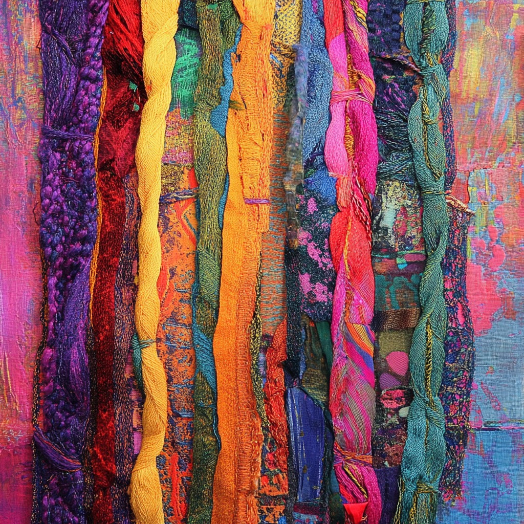 Strips of colorful fabric with textures against an abstract background.