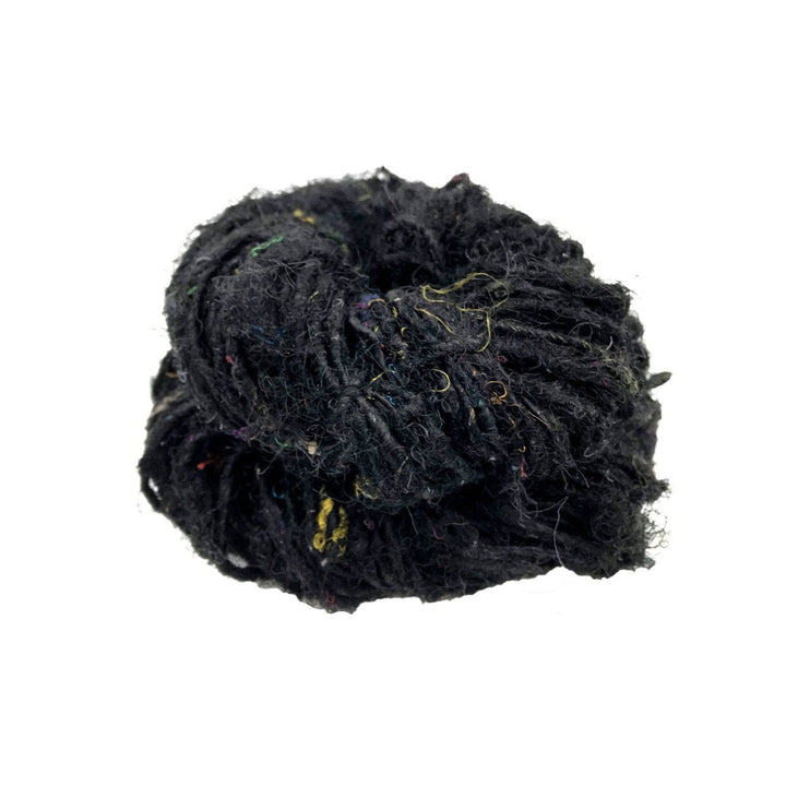  Recycled Silk Yarn close up in the color black with a white background