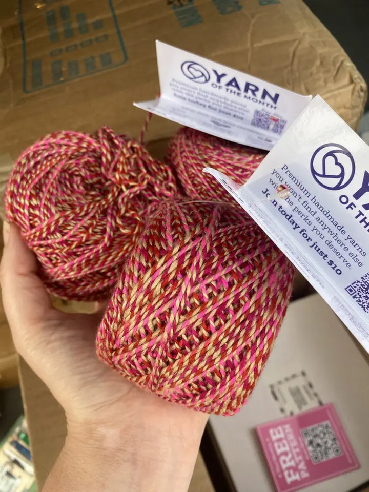 Three balls of Yarn of the Month Club yarn in vibrant pink and orange tones held in hand