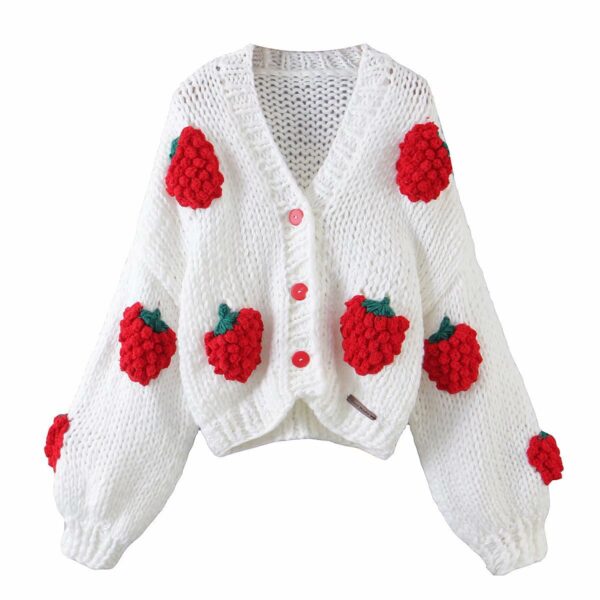 Handmade Crochet Cardigan Sweater Women Fruit Jacquard Embroidery